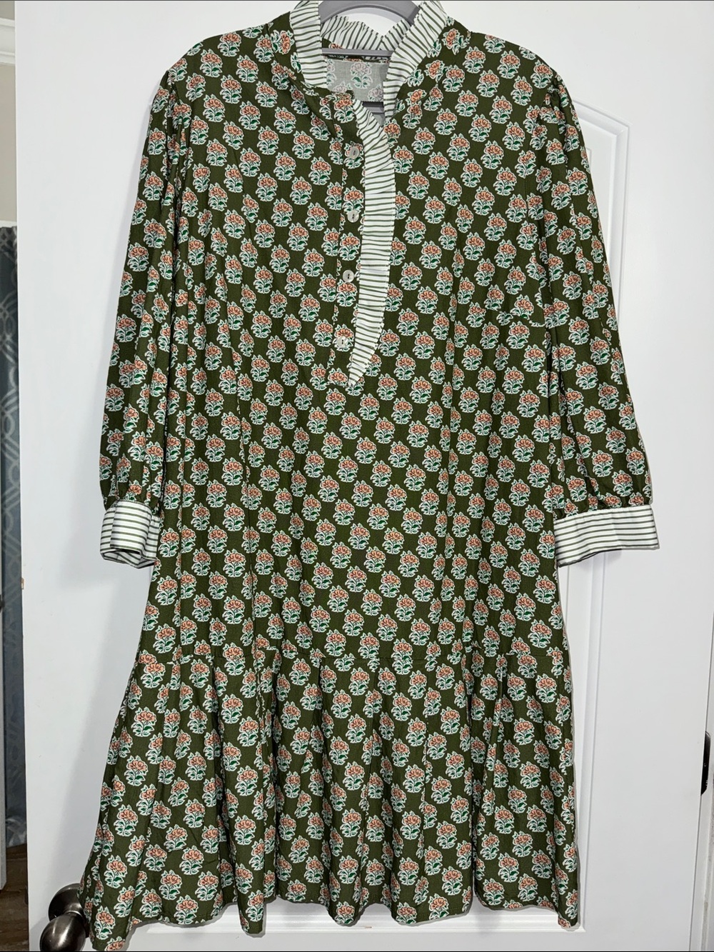 Green Floral Midi Dress with Striped Trim